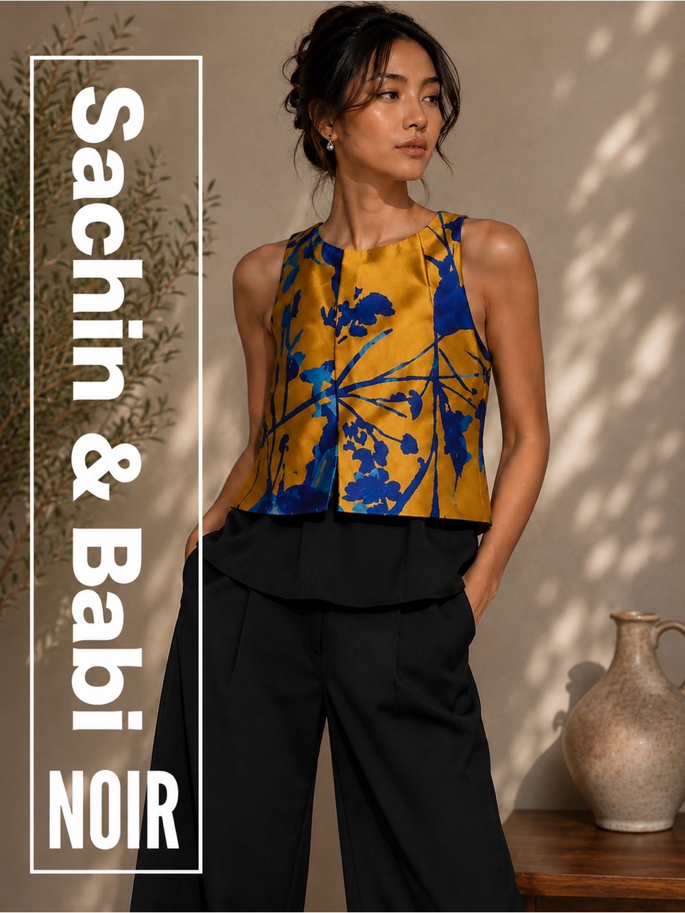 Sachin & Babi NOIR Gold Cobalt Blue Floral Structured Peplum Top